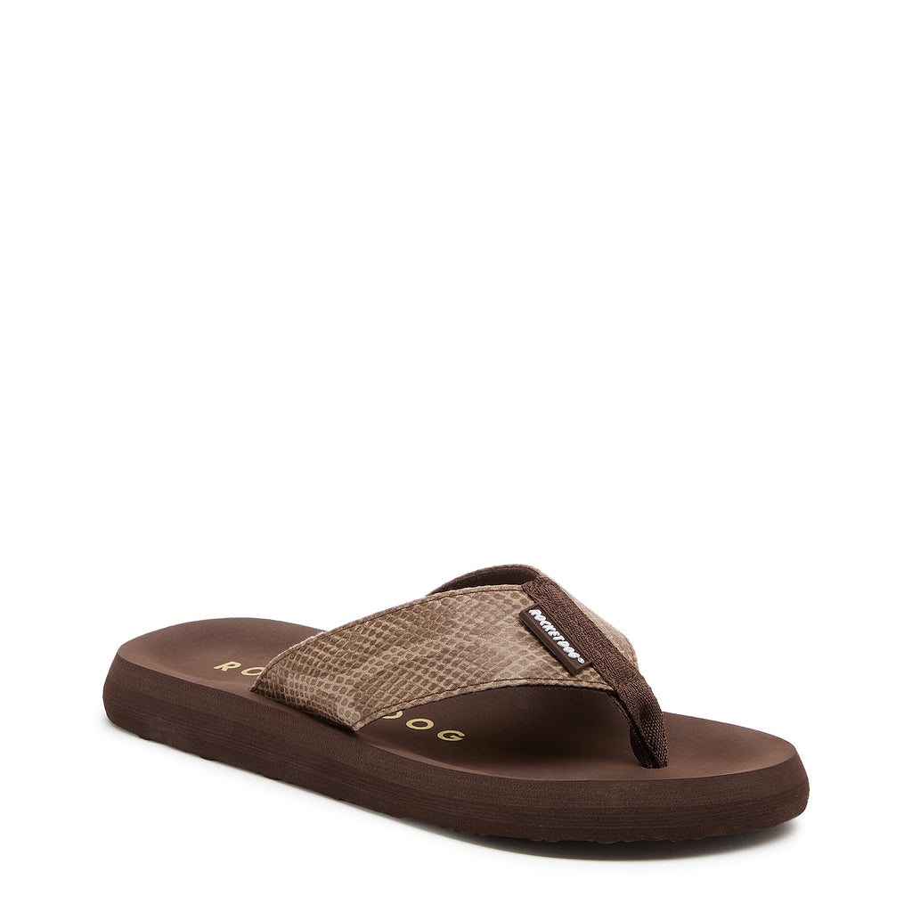 Rocket Dog Adios brown snake print flip flop, front angle