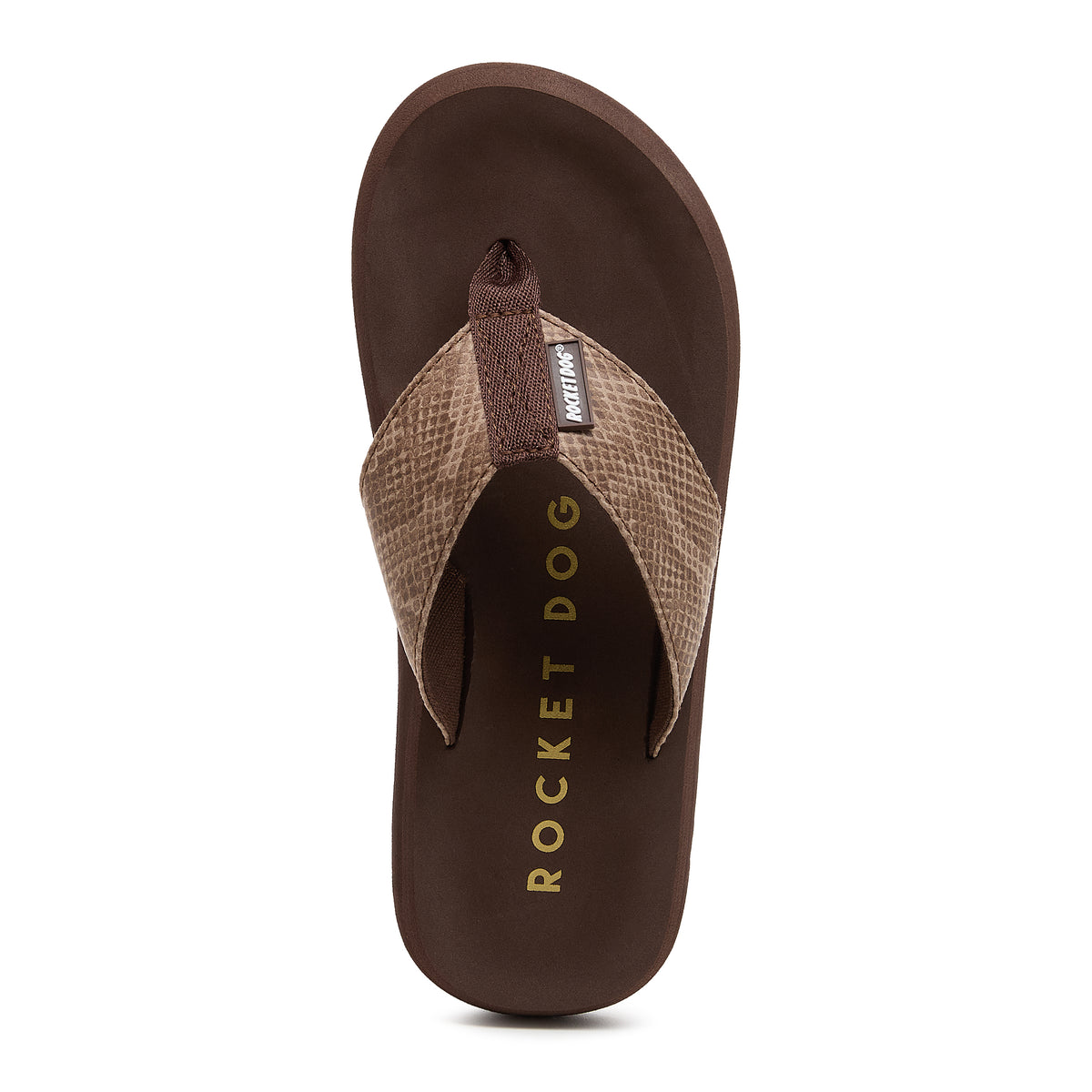 Top-down view of the Adios brown snake print flip flop
