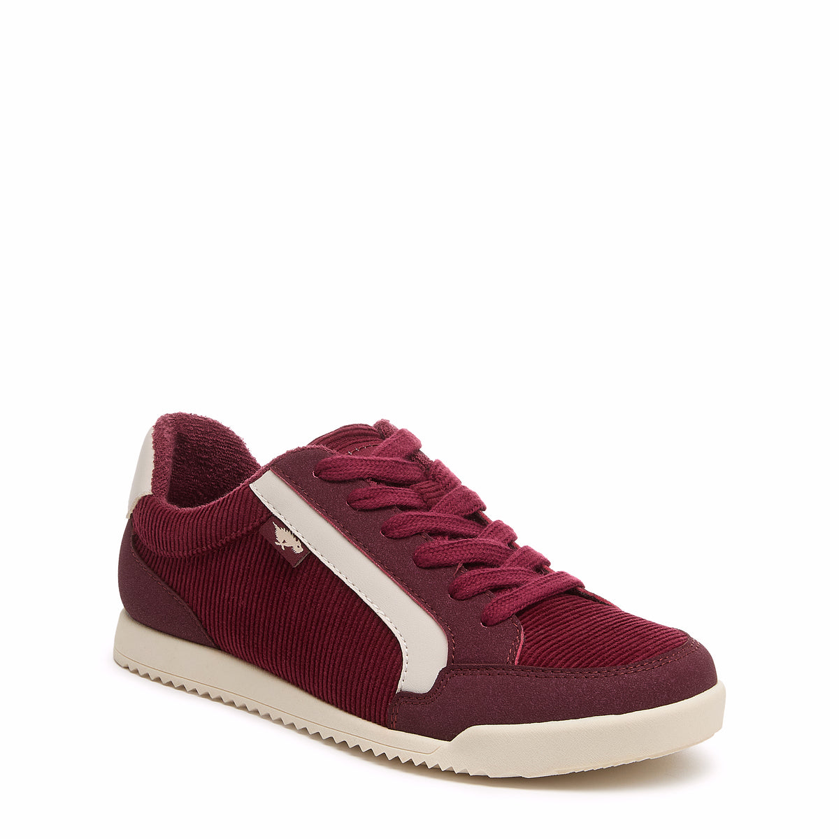 Maroon sneaker with a white sole on a white background