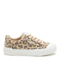 Side view of the Rocket Dog Cheery tan leopard canvas trainer, tan leopard canvas and white toe cap