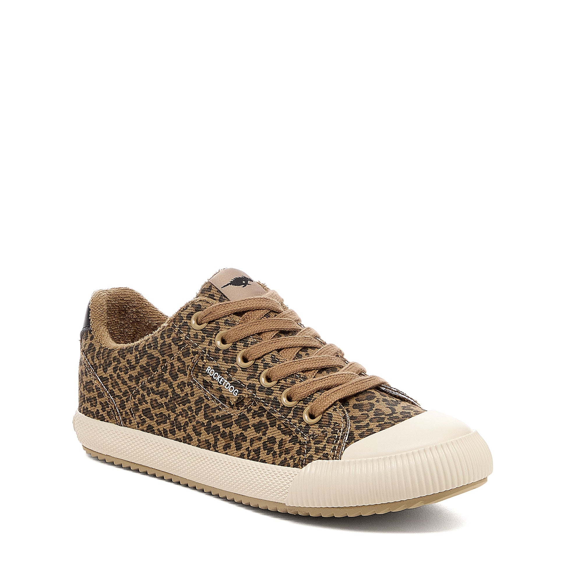 Cheery Tan Low-profile Trainers three-quarter front view showing tan leopard print upper, cream toe cap and textured sole
