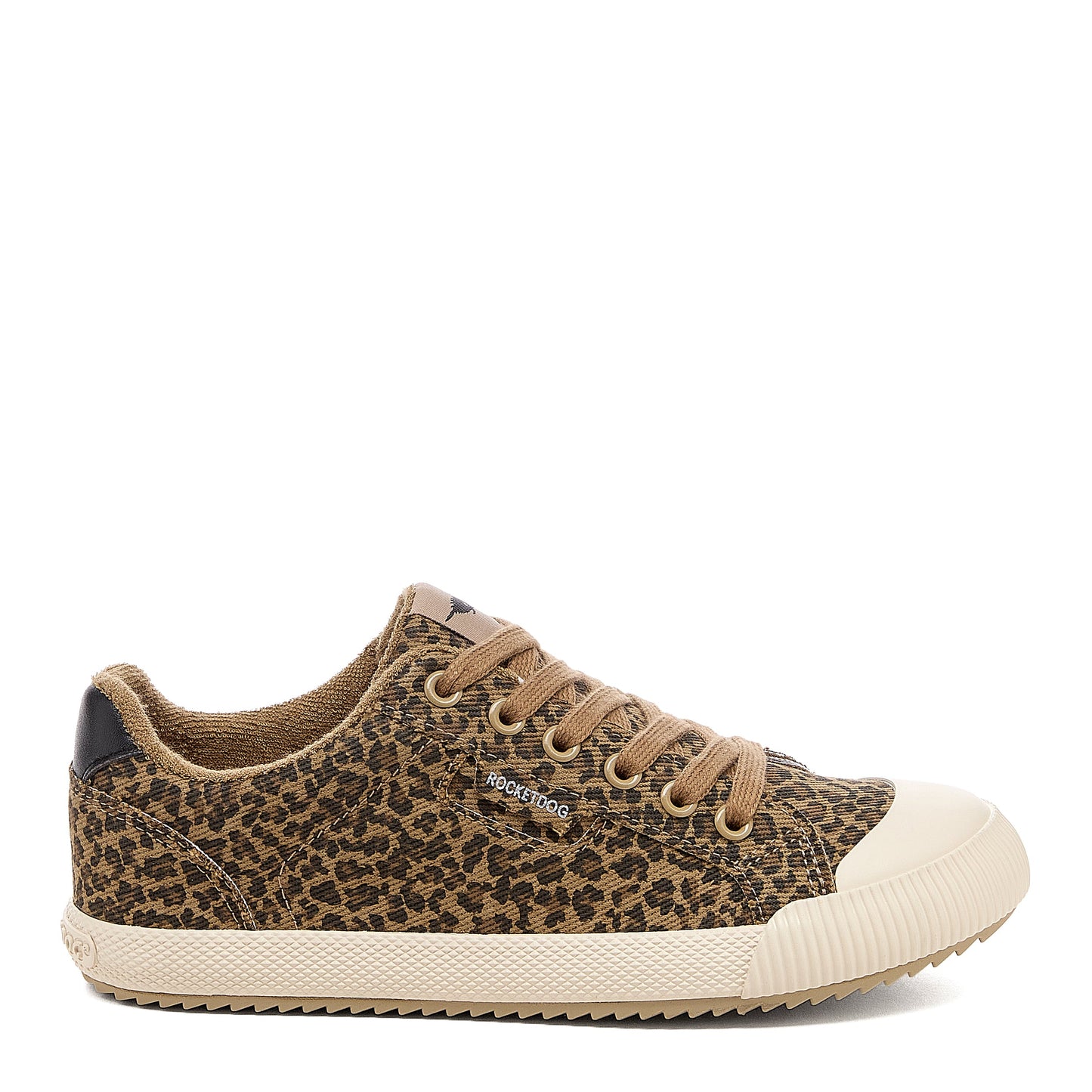 Cheery Tan Low-profile Trainers side view showing tan leopard print upper, tan laces, cream toe cap and black heel tab