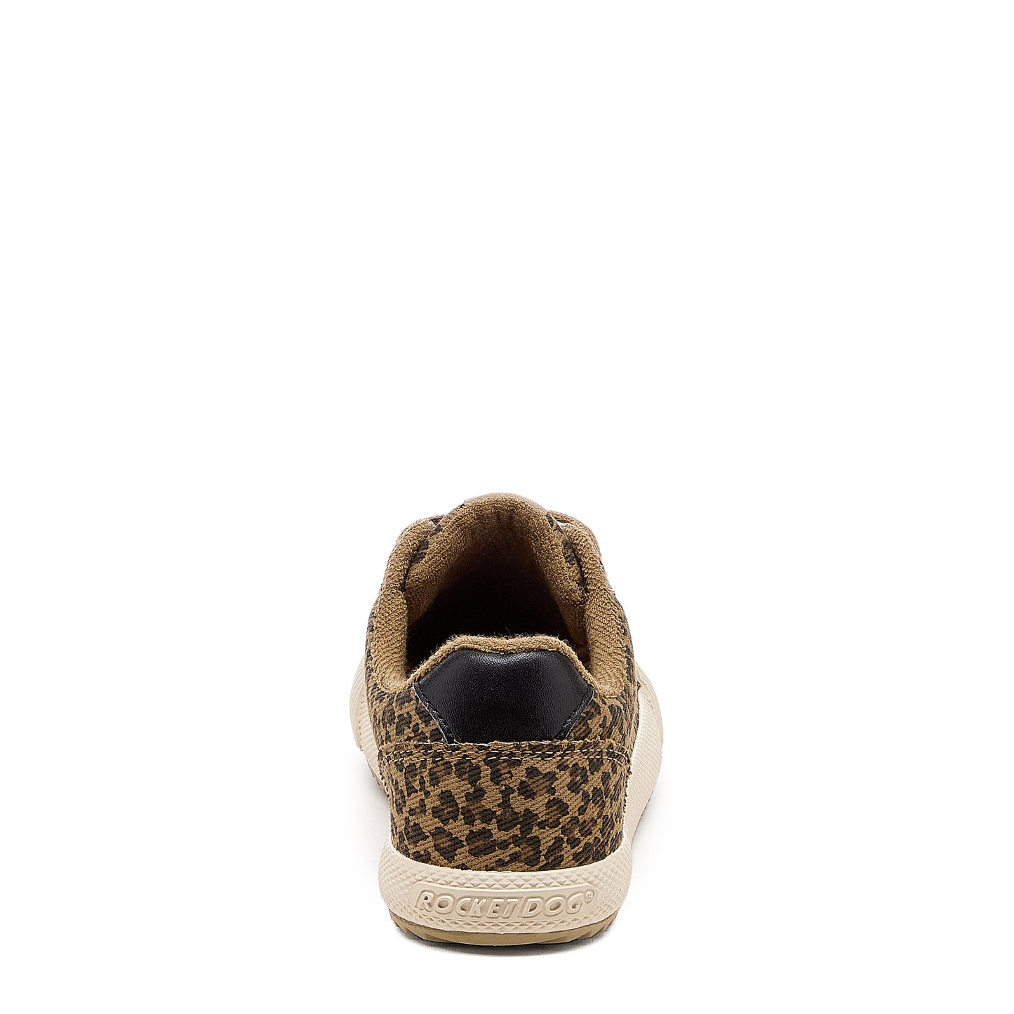 Cheery Tan Low-profile Trainers rear view showing leopard print heel, black heel tab and Rocket Dog branding on the sole