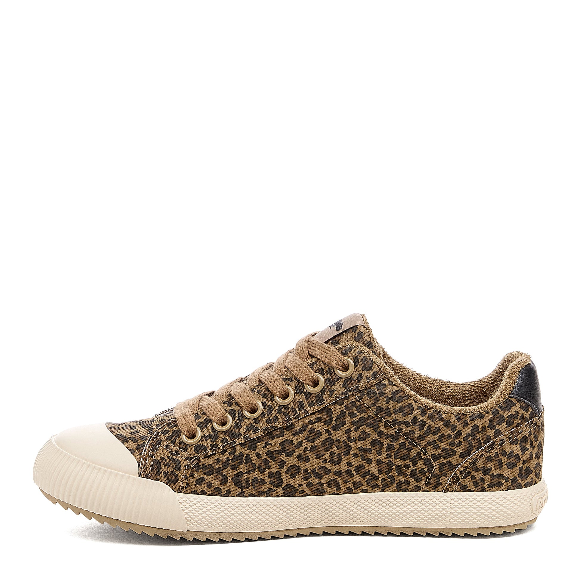 Cheery Tan Low-profile Trainers side view facing left with tan leopard print upper, cream sidewall and tan laces