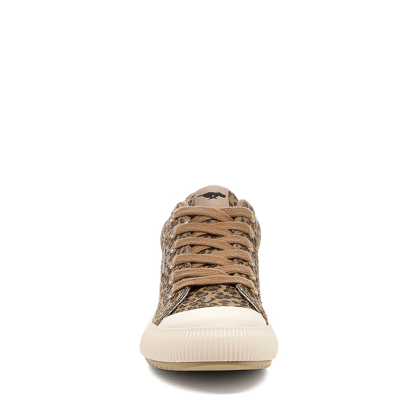 Cheery Tan Low-profile Trainers front view showing tan laces, cream rubber toe cap and leopard print upper
