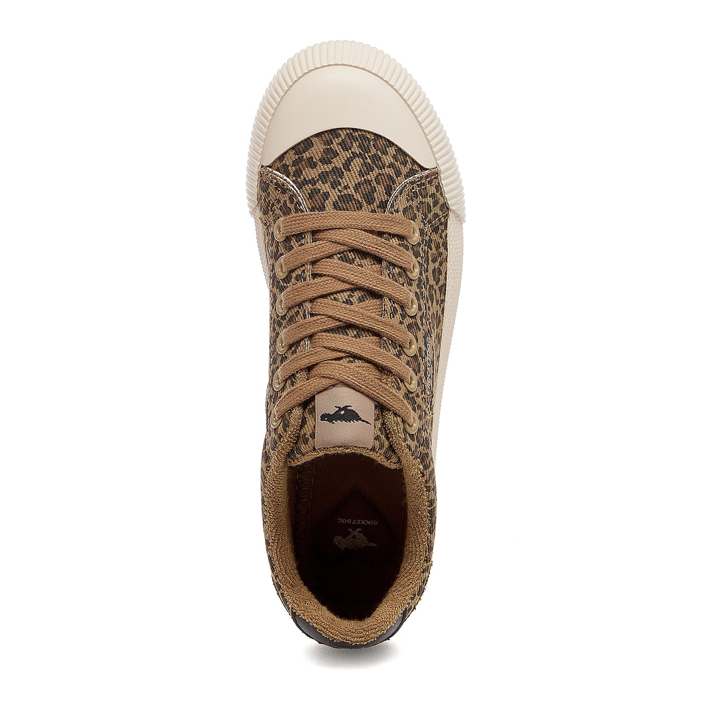 Cheery Tan Low-profile Trainers top view showing tan laces, leopard print upper and cream toe cap
