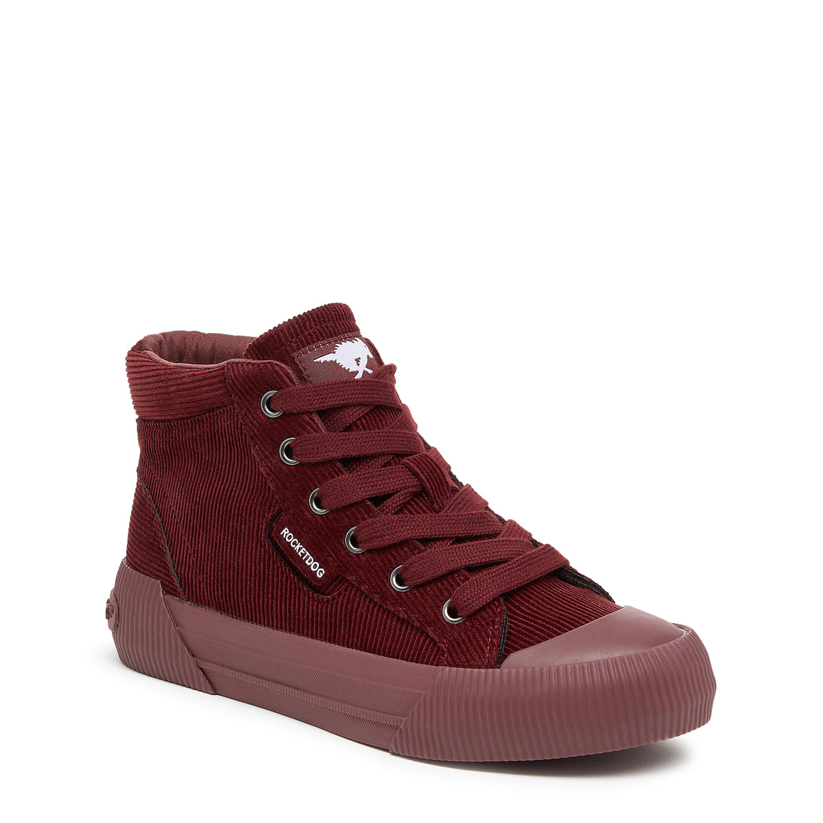 Maroon high-top sneaker with brand logo on a white background