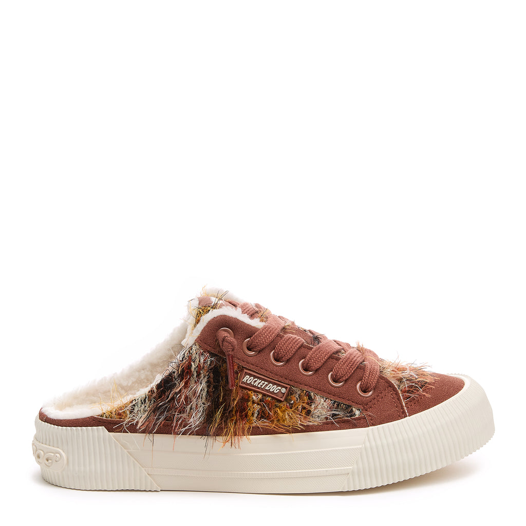 Side view of the Rocket Dog Cheery multi brown mule trainer, brown multicolour backless upper