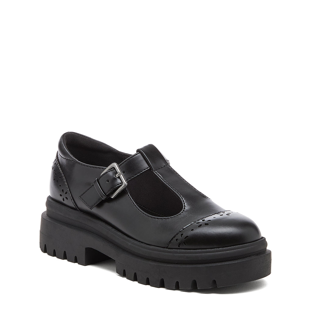 Image 2: Dalma Black Chunky Mary Jane Shoes in black, front angled view with side buckle detail and rounded toe