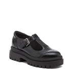 Image 2: Dalma Black Chunky Mary Jane Shoes in black, front angled view with side buckle detail and rounded toe