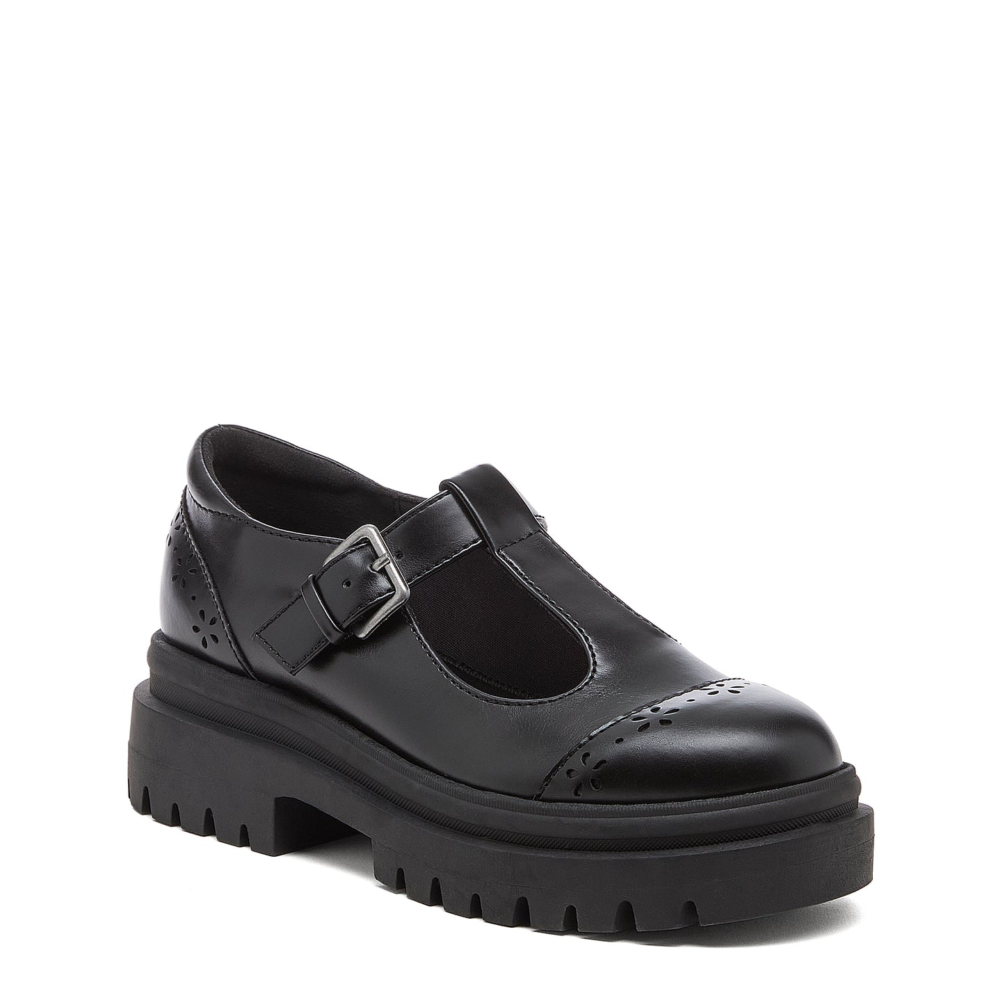 Image 2: Dalma Black Chunky Mary Jane Shoes in black, front angled view with side buckle detail and rounded toe