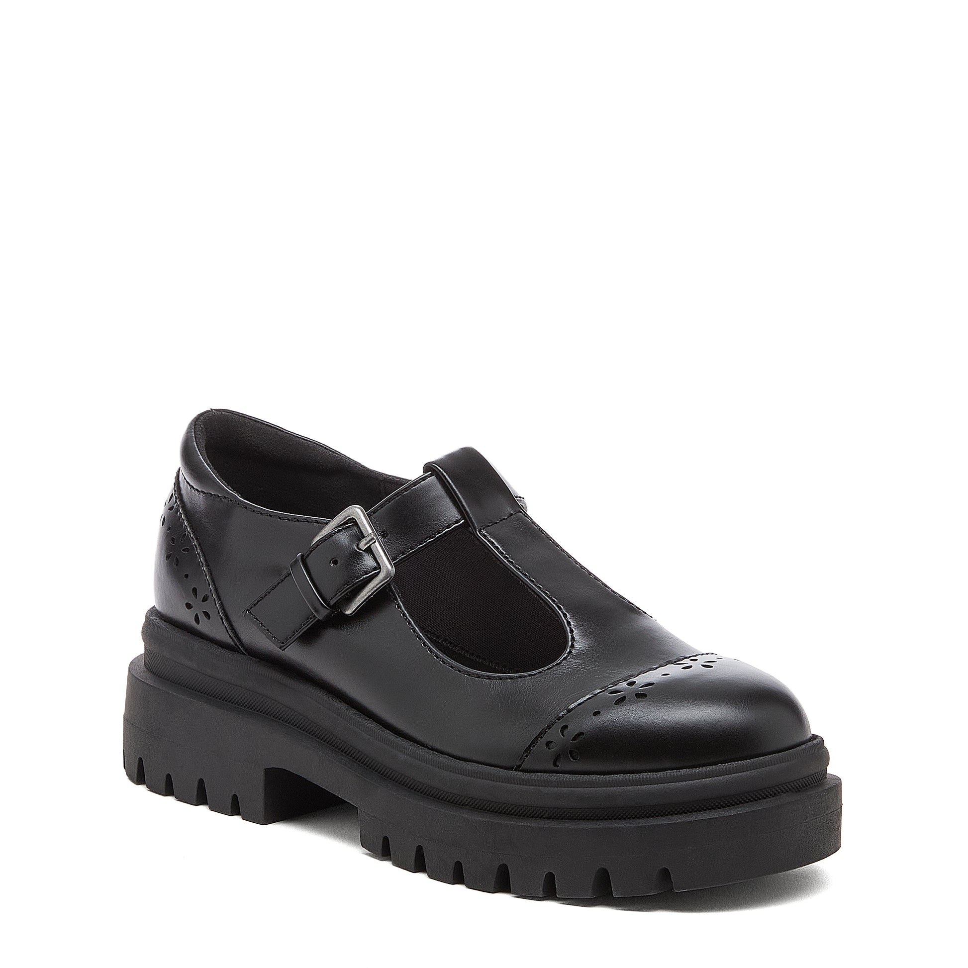Image 2: Dalma Black Chunky Mary Jane Shoes in black, front angled view with side buckle detail and rounded toe