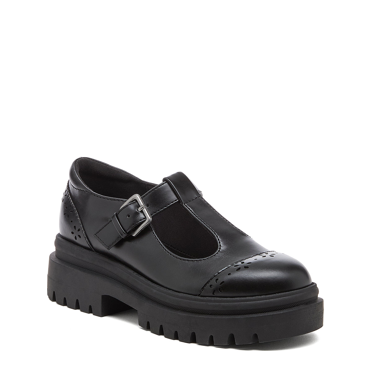 Image 2: Dalma Black Chunky Mary Jane Shoes in black, front angled view with side buckle detail and rounded toe