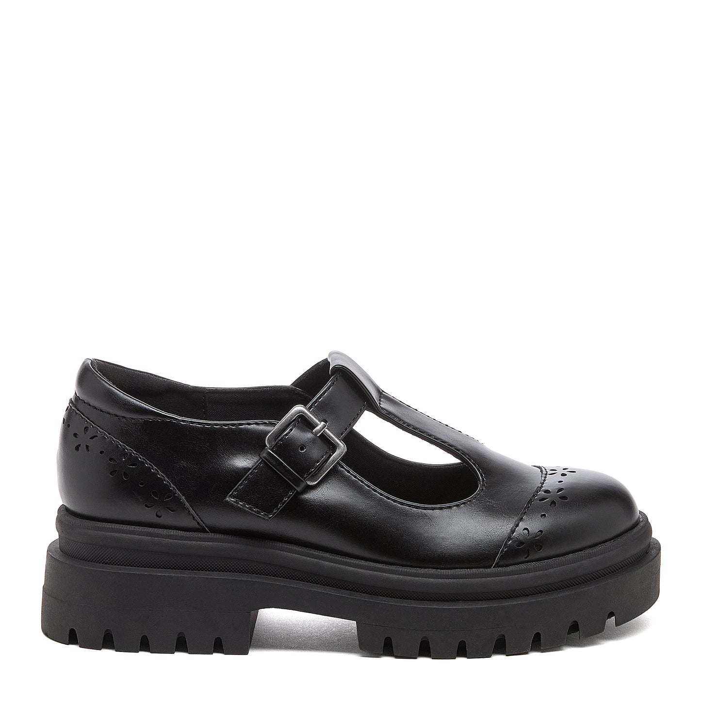 Image 4: Dalma Black Chunky Mary Jane Shoes in black, outer side view showing buckle detail, flower cut-outs and chunky sole