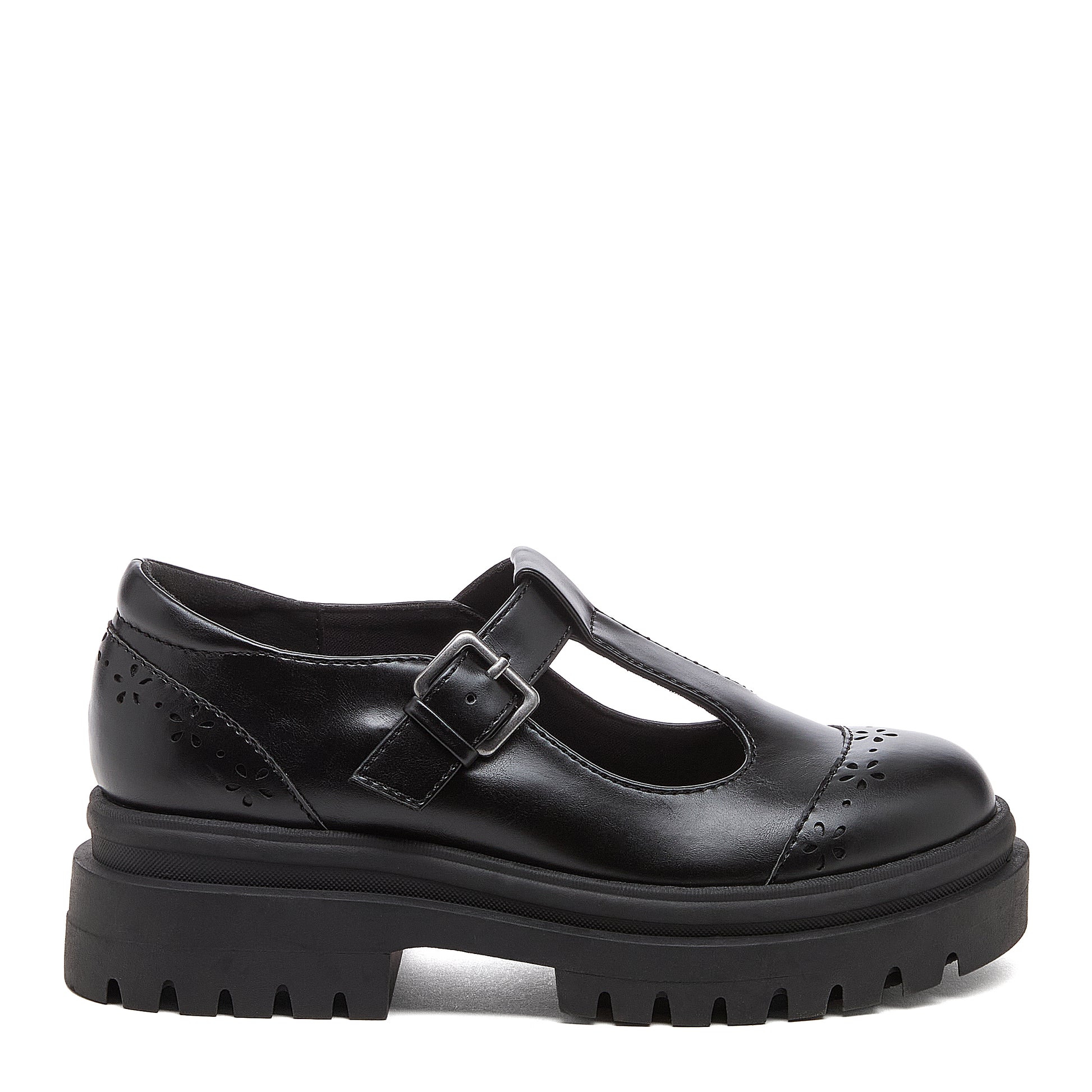 Image 4: Dalma Black Chunky Mary Jane Shoes in black, outer side view showing buckle detail, flower cut-outs and chunky sole