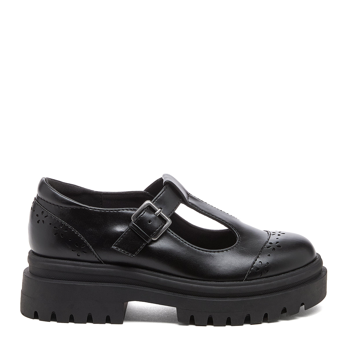Image 4: Dalma Black Chunky Mary Jane Shoes in black, outer side view showing buckle detail, flower cut-outs and chunky sole