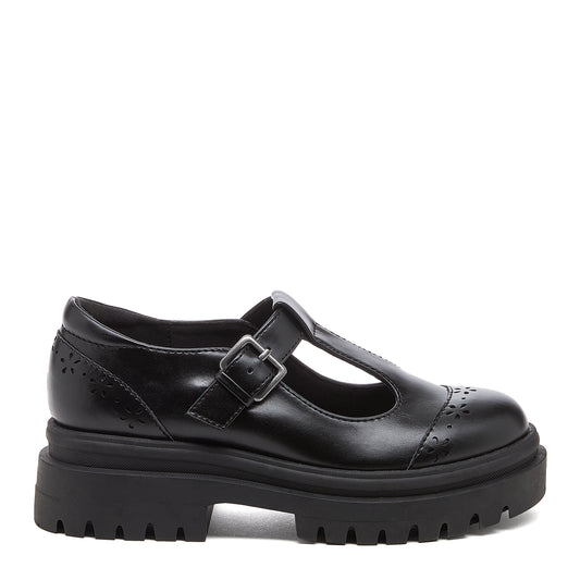 Image 4: Dalma Black Chunky Mary Jane Shoes in black, outer side view showing buckle detail, flower cut-outs and chunky sole