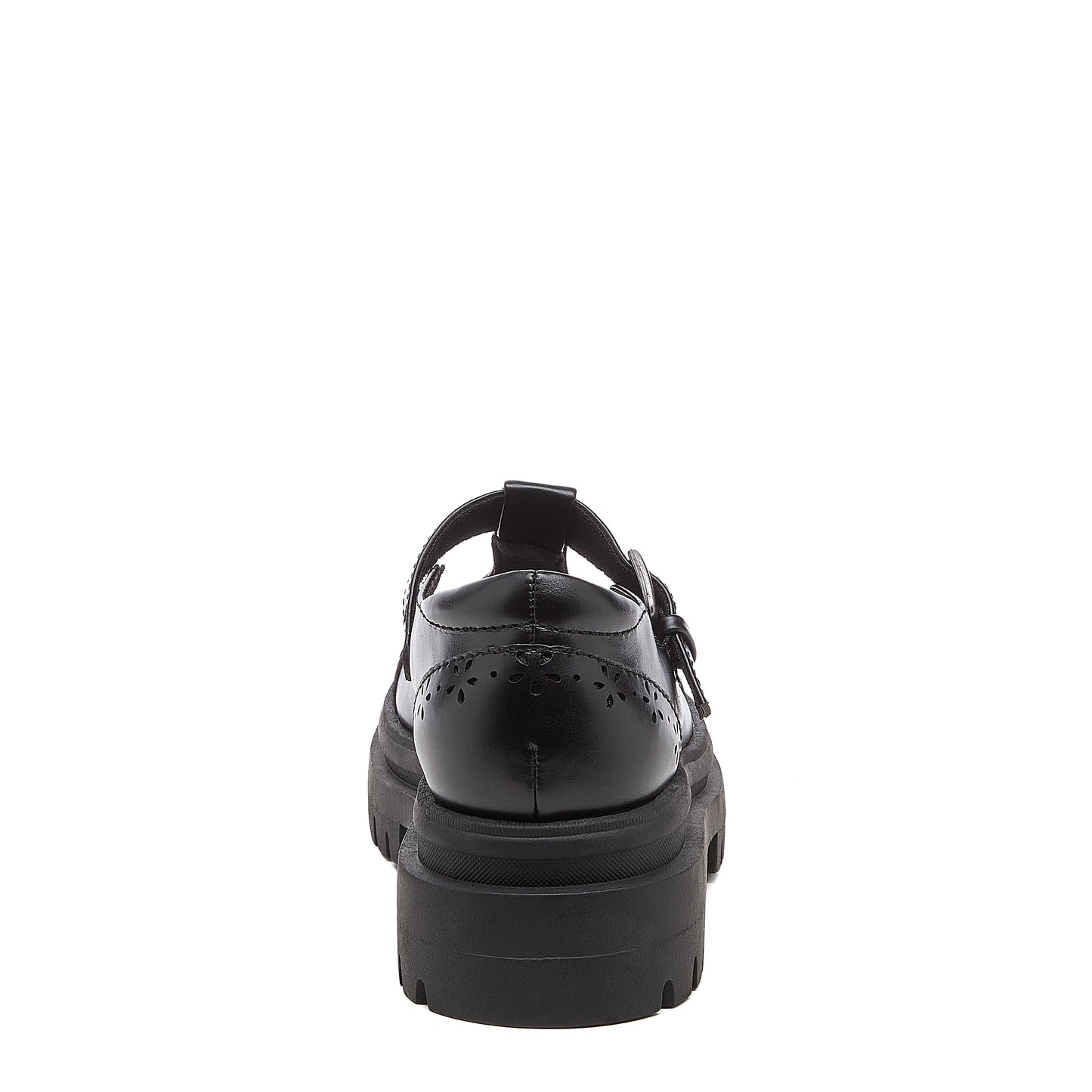 Image 8: Dalma Black Chunky Mary Jane Shoes in black, back view showing heel cut-out detailing and chunky sole