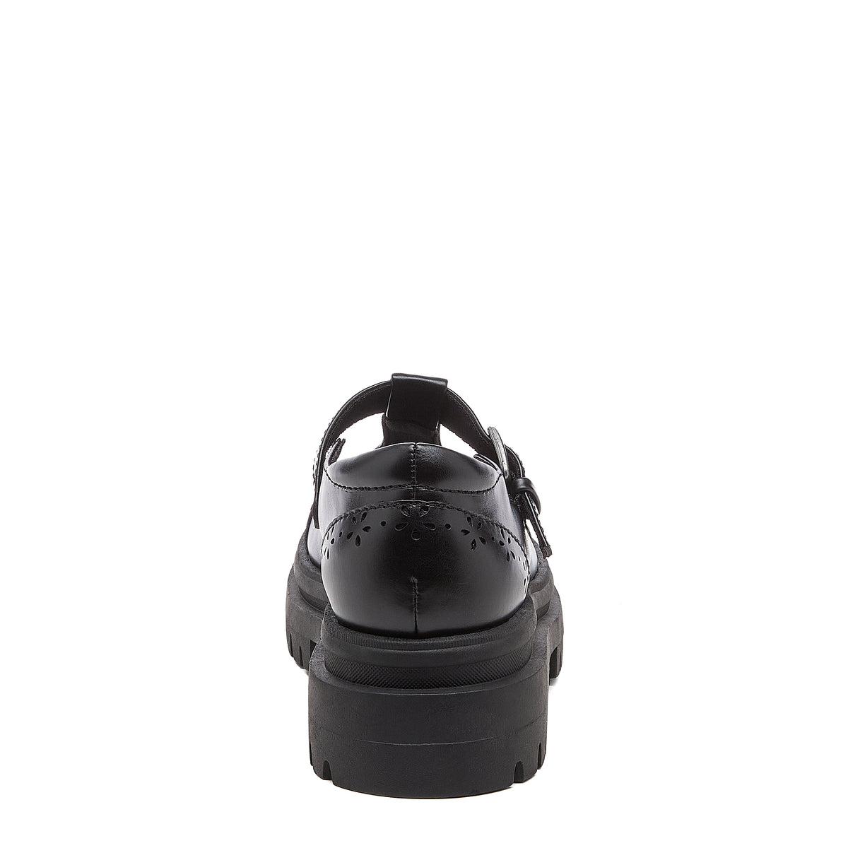 Image 8: Dalma Black Chunky Mary Jane Shoes in black, back view showing heel cut-out detailing and chunky sole