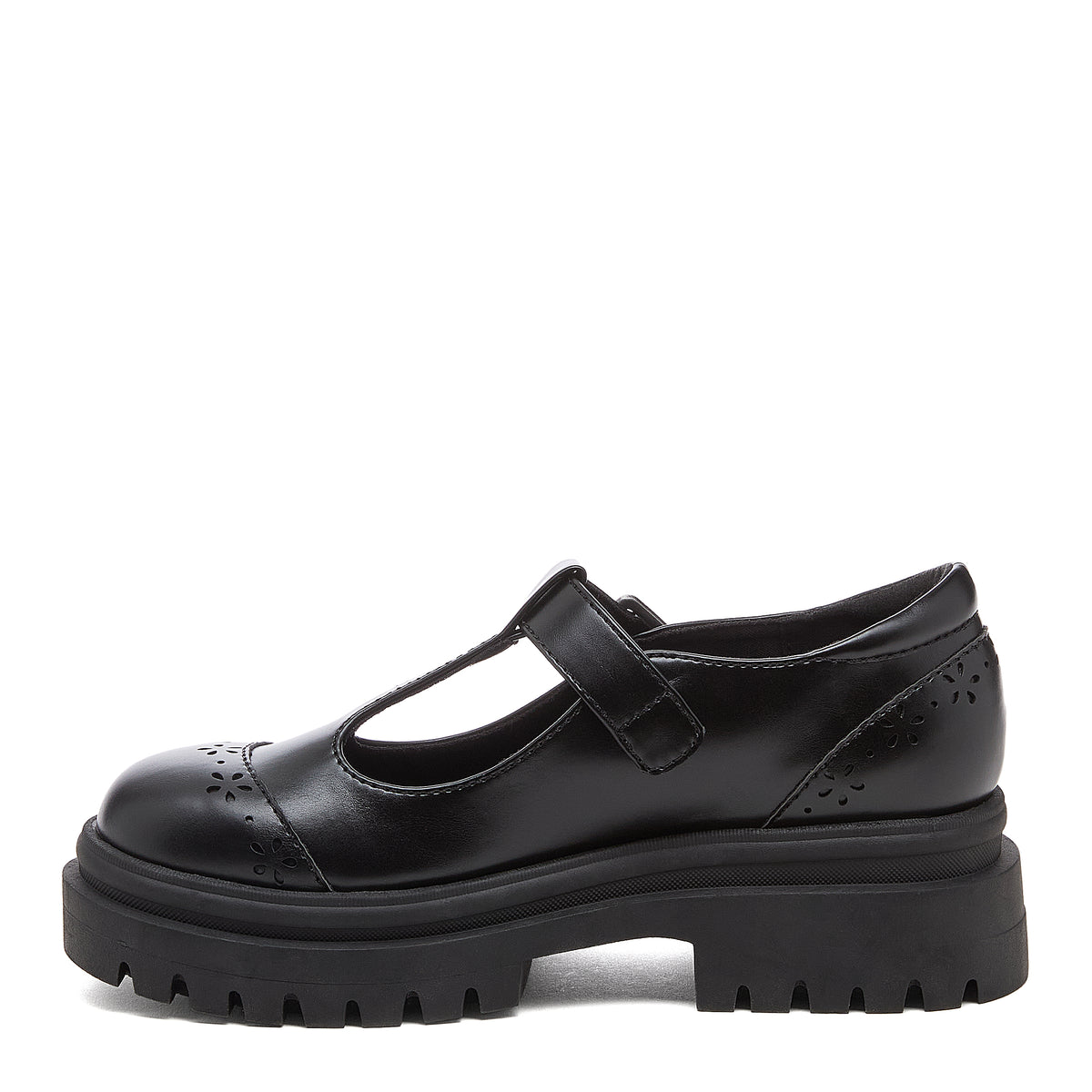 Image 1: Dalma Black Chunky Mary Jane Shoes in black, side view showing T-bar front, flower cut-outs and chunky sole