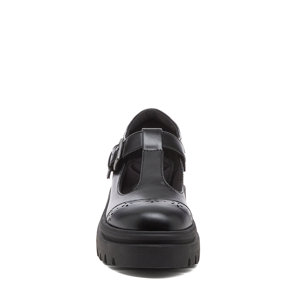 Image 7: Dalma Black Chunky Mary Jane Shoes in black, front view showing rounded toe, T-bar shape and chunky sole