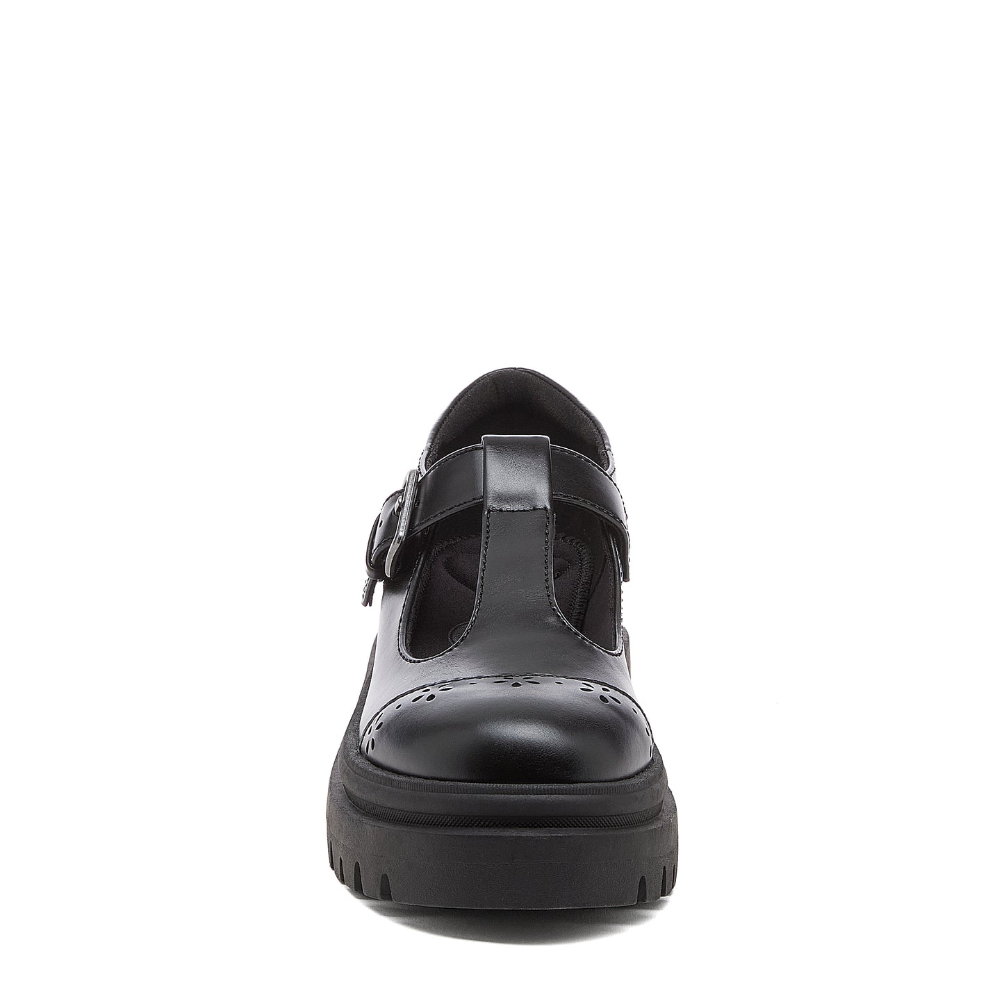 Image 7: Dalma Black Chunky Mary Jane Shoes in black, front view showing rounded toe, T-bar shape and chunky sole