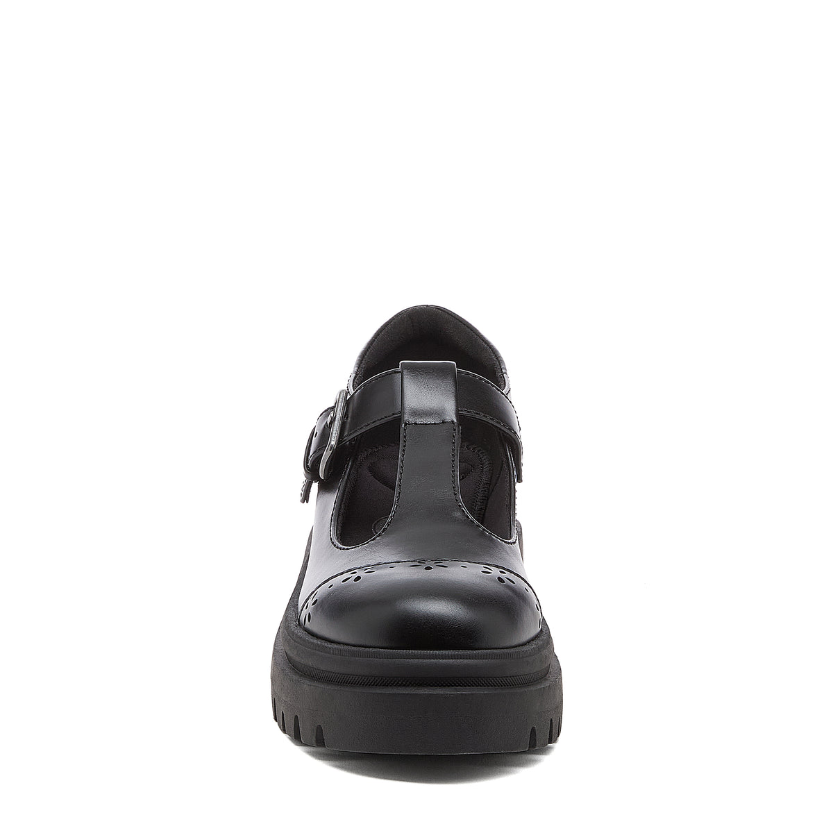 Image 7: Dalma Black Chunky Mary Jane Shoes in black, front view showing rounded toe, T-bar shape and chunky sole