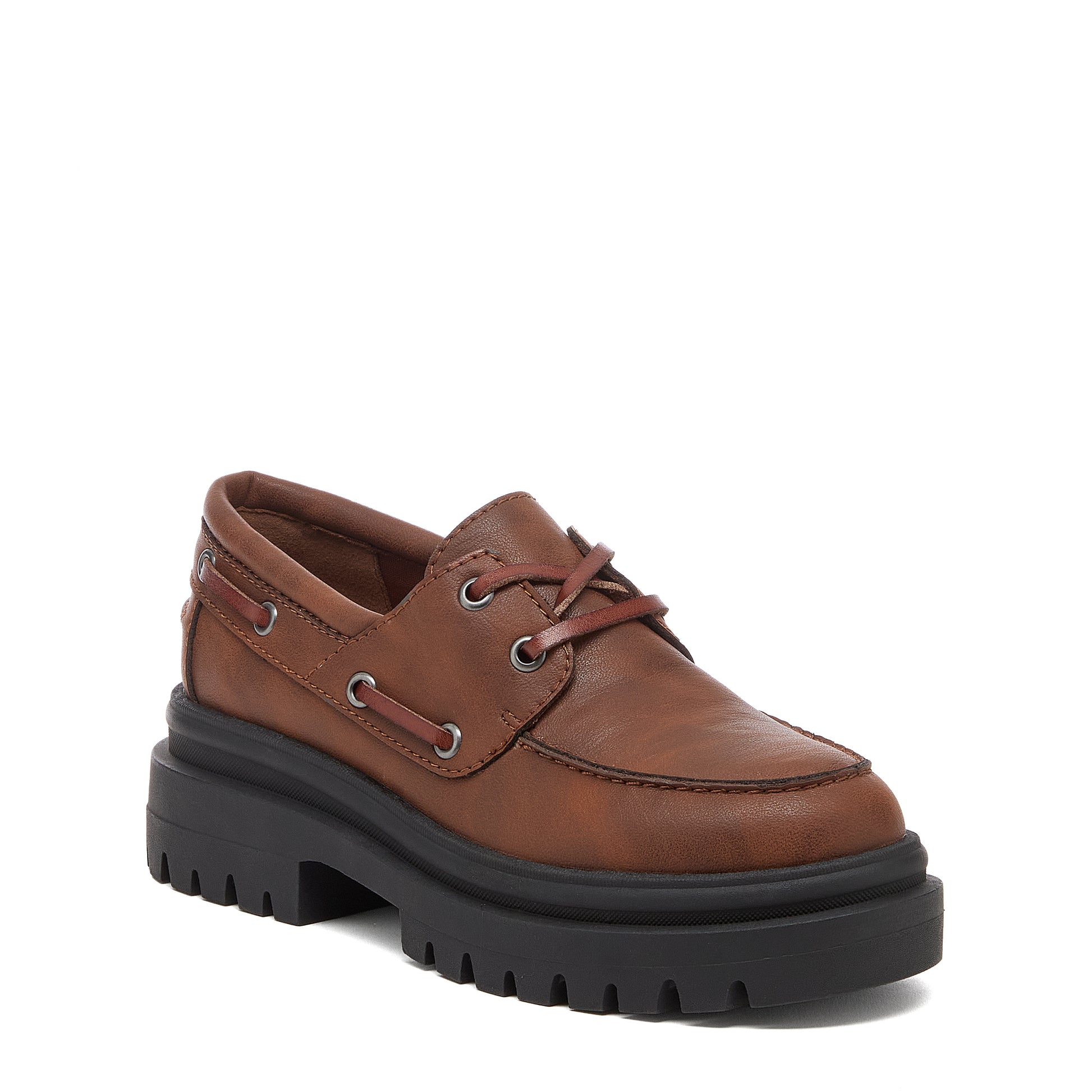 Dean Brown Chunky Boat Shoes, brown casual shoes, front angled view with lace-up front and rounded toe