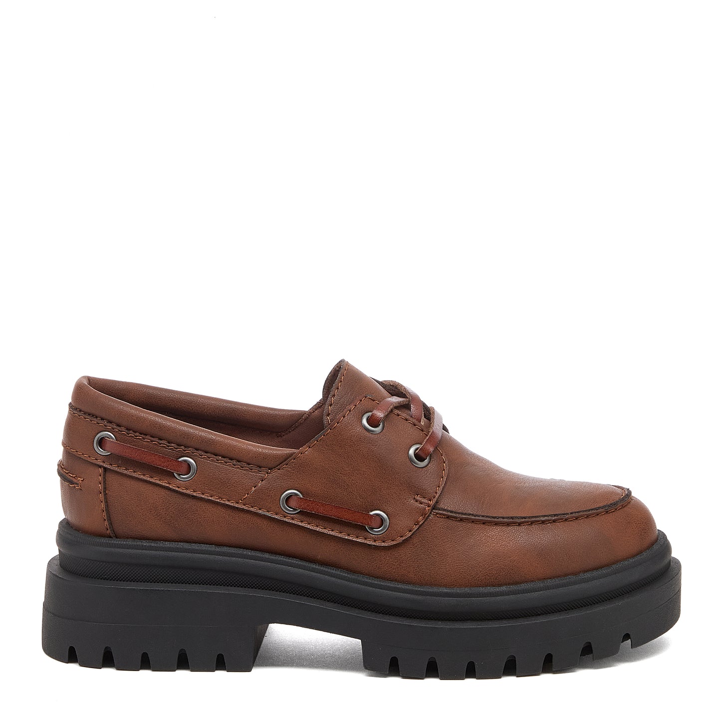 Dean Brown Chunky Boat Shoes, brown casual shoes, outer side view showing side laces, stitching and black treaded sole