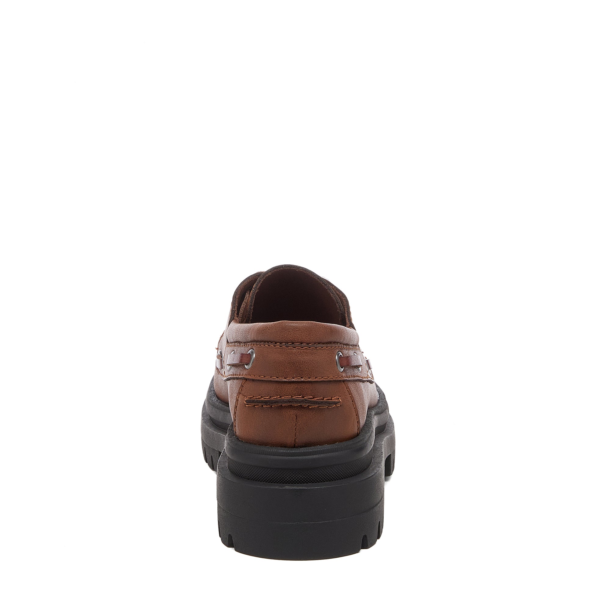 Dean Brown Chunky Boat Shoes, brown casual shoes, back view showing heel stitching, side laces and black sole