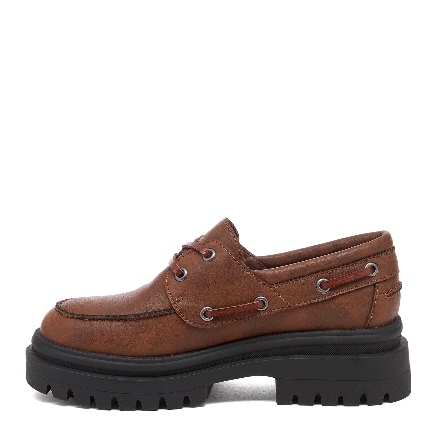 Dean Brown Chunky Boat Shoes, brown casual shoes, side view showing lace detail, metal eyelets and chunky black sole
