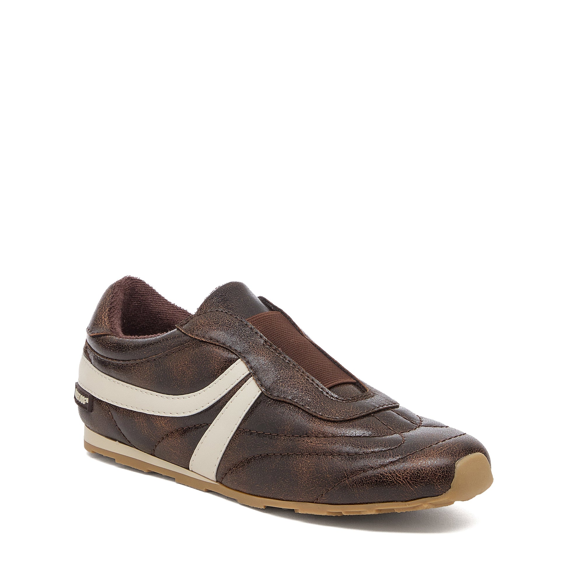 Destin Dark Brown Trainers front angle showing cracked dark brown upper, cream stripe and rounded toe