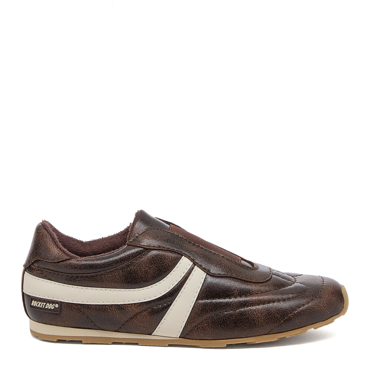 Destin Dark Brown Trainers side view showing cream side stripe, low-profile shape and brown elasticated front panel