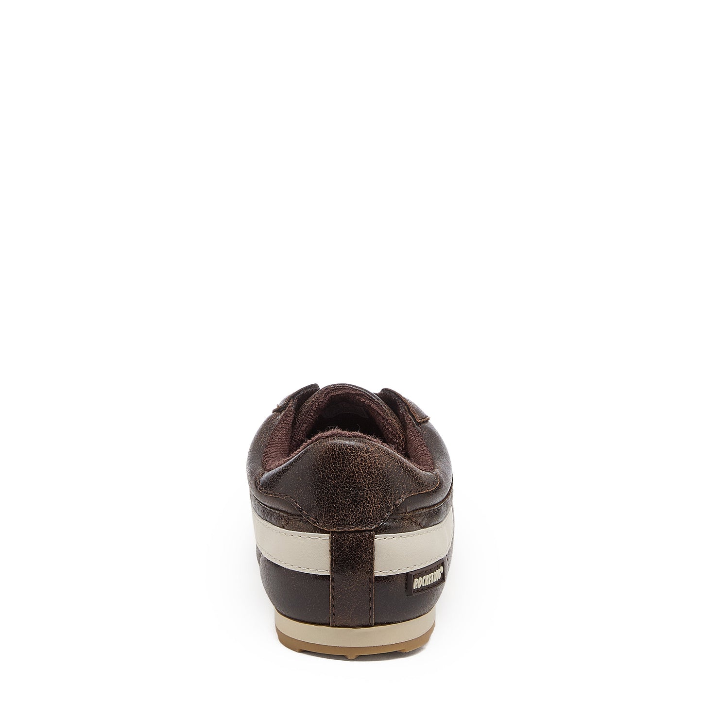 Destin Dark Brown Trainers rear view showing cream heel stripe, Rocket Dog heel badge and brown sole
