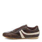 Destin Dark Brown Trainers side view showing cream stripe, low-profile trainer shape and gum sole