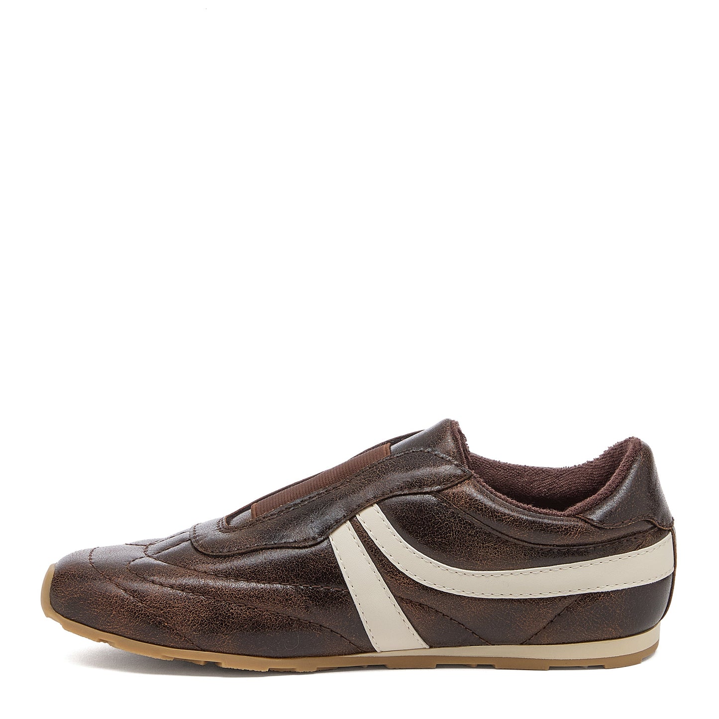 Destin Dark Brown Trainers side view showing cream stripe, low-profile trainer shape and gum sole
