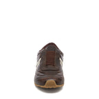 Destin Dark Brown Trainers front angle showing cracked dark brown upper, cream stripe and rounded toe