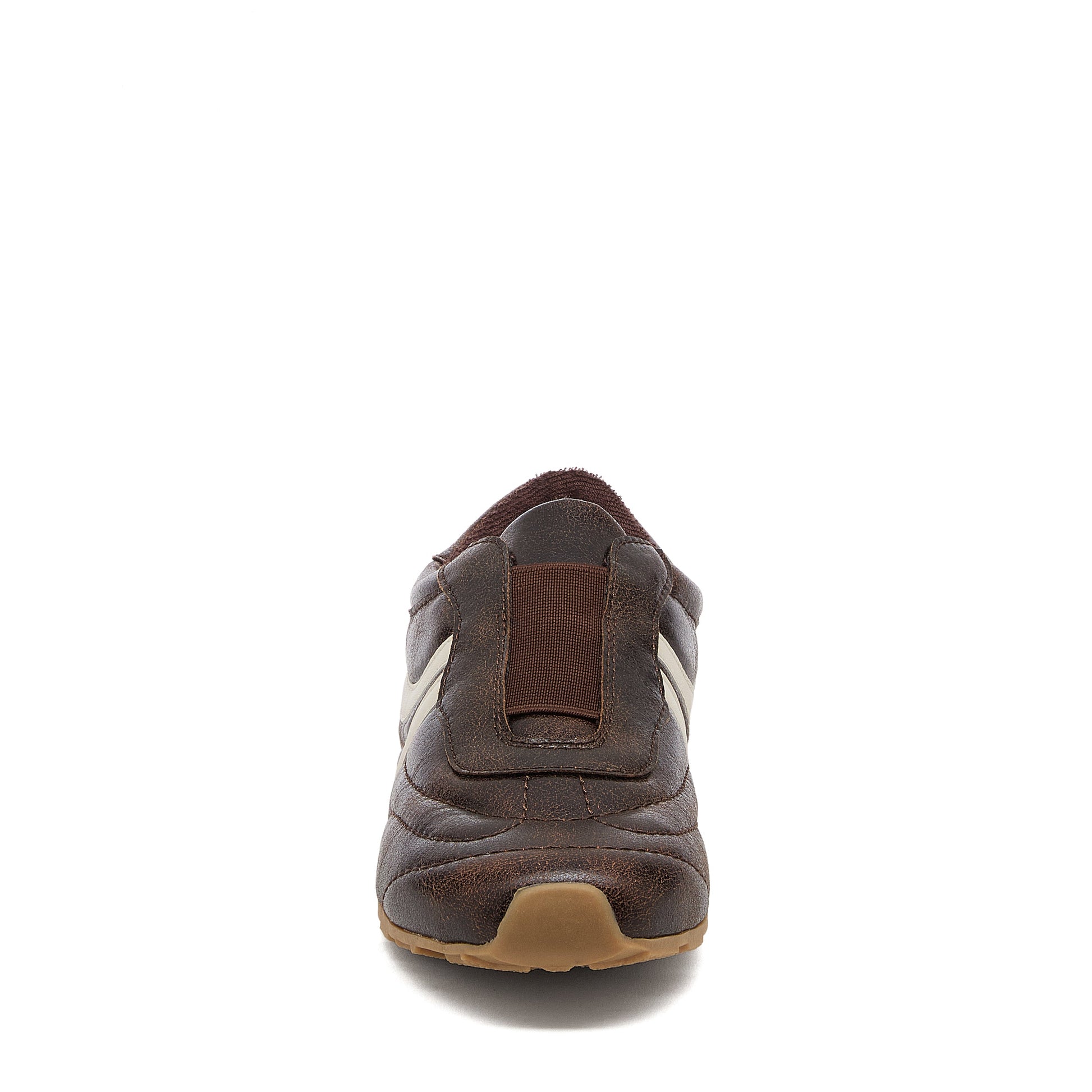Destin Dark Brown Trainers front angle showing cracked dark brown upper, cream stripe and rounded toe