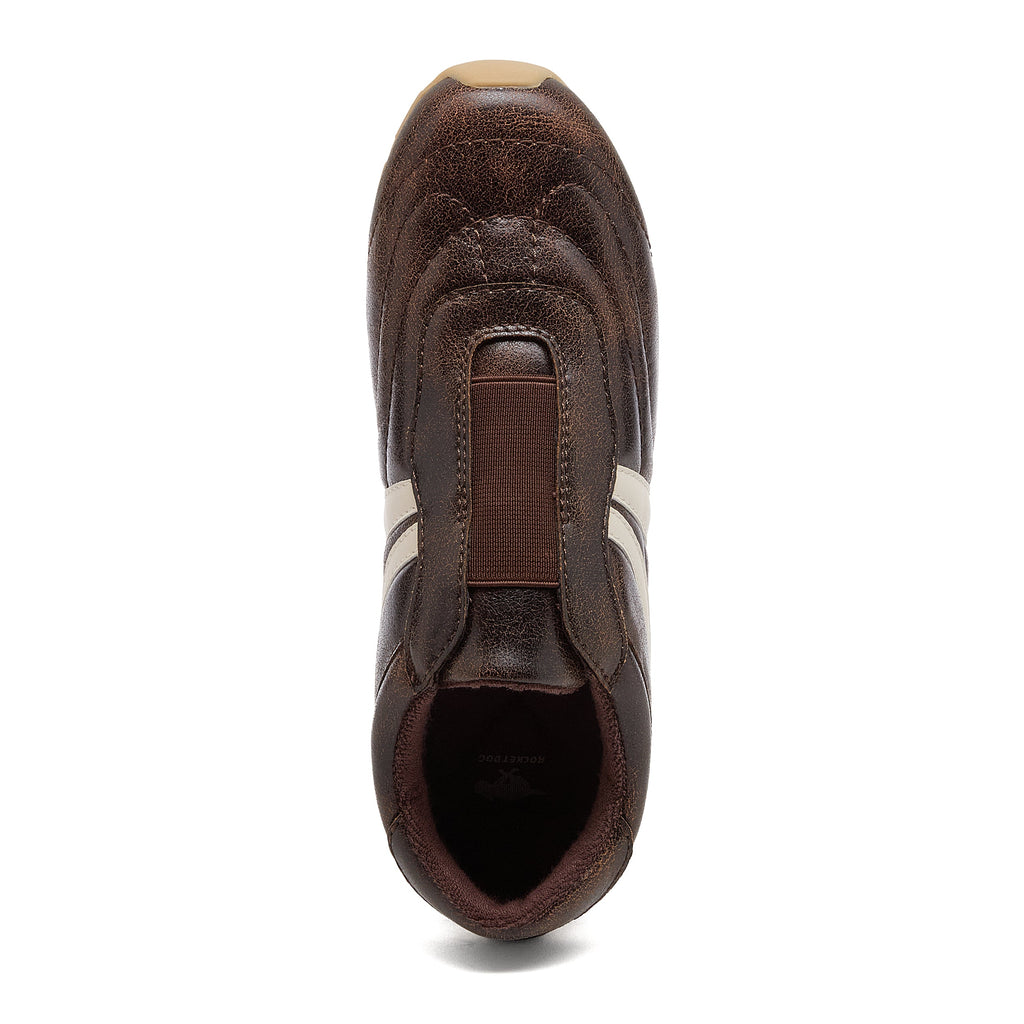 Destin Dark Brown Trainers top view showing slip-on opening, brown elasticated front panel and rounded toe