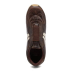 Destin Dark Brown Trainers top view showing slip-on opening, brown elasticated front panel and rounded toe