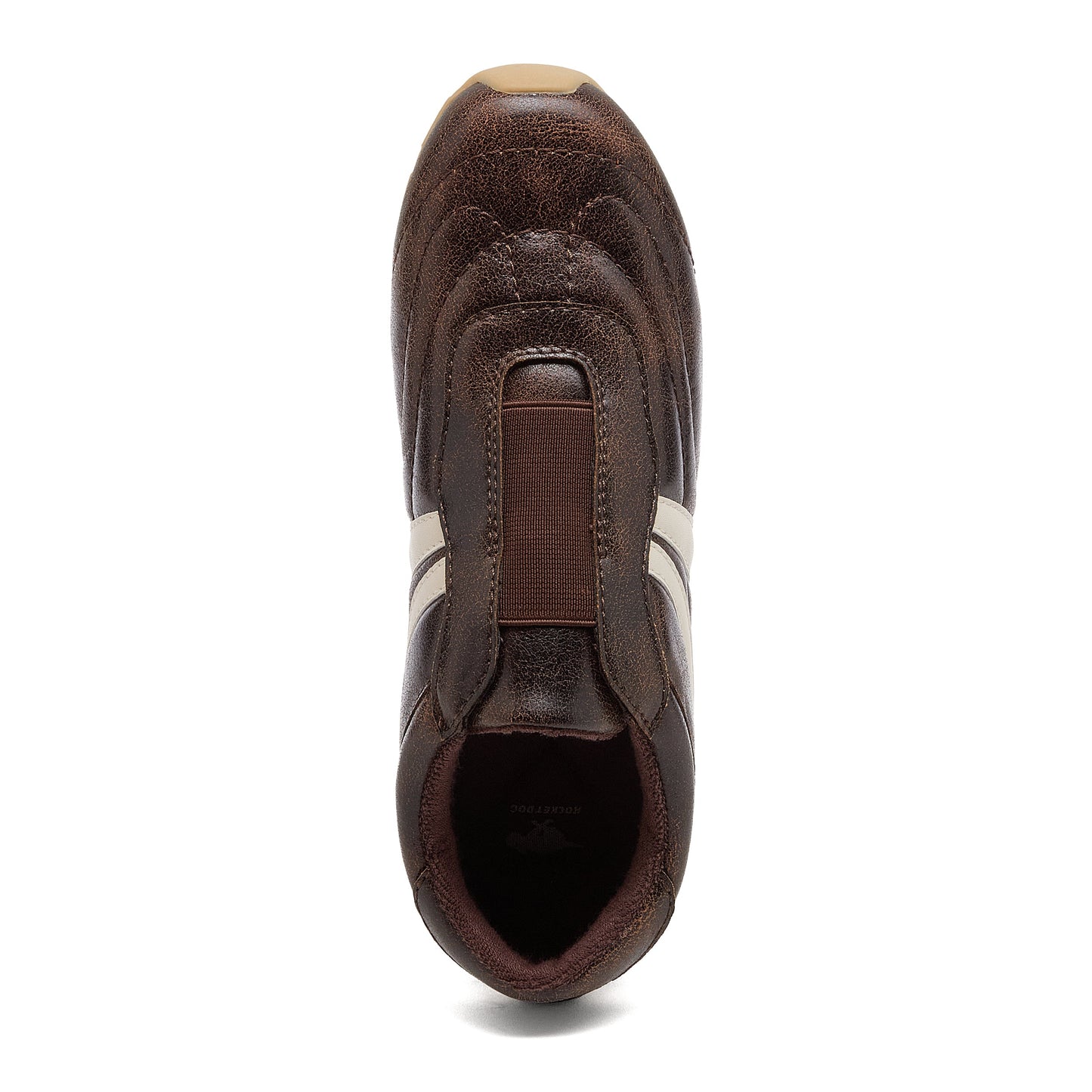 Destin Dark Brown Trainers top view showing slip-on opening, brown elasticated front panel and rounded toe