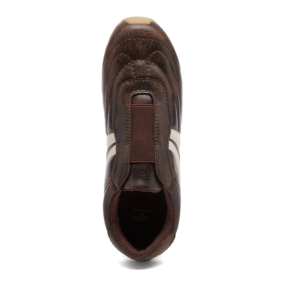 Destin Dark Brown Trainers top view showing slip-on opening, brown elasticated front panel and rounded toe