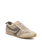 Destin Leopard Print Trainers in Natural Combo angled side view with beige toe, laces and leopard print upper