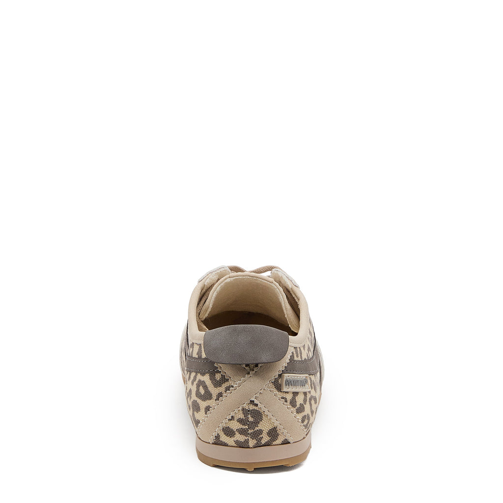 Destin Leopard Print Trainers in Natural Combo back view with heel tab, leopard print heel and Rocket Dog badge