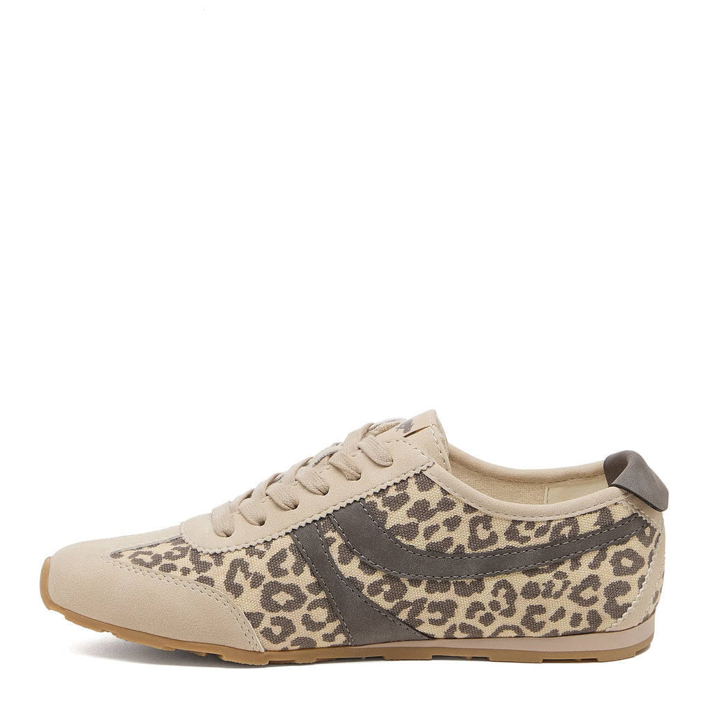 Destin Leopard Print Trainers in Natural Combo side view showing leopard print panels, curved side stripes and gum sole