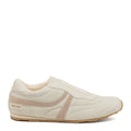 Side view of the Rocket Dog Destiny off white and beige trainer, off white faux suede with beige stripe