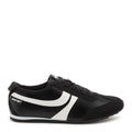 Side view of the Rocket Dog Destin black trainer, black faux suede upper with white stripe