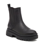 Drake Black Boots black boots front angled view showing rounded toe, side elastic panel and chunky treaded sole