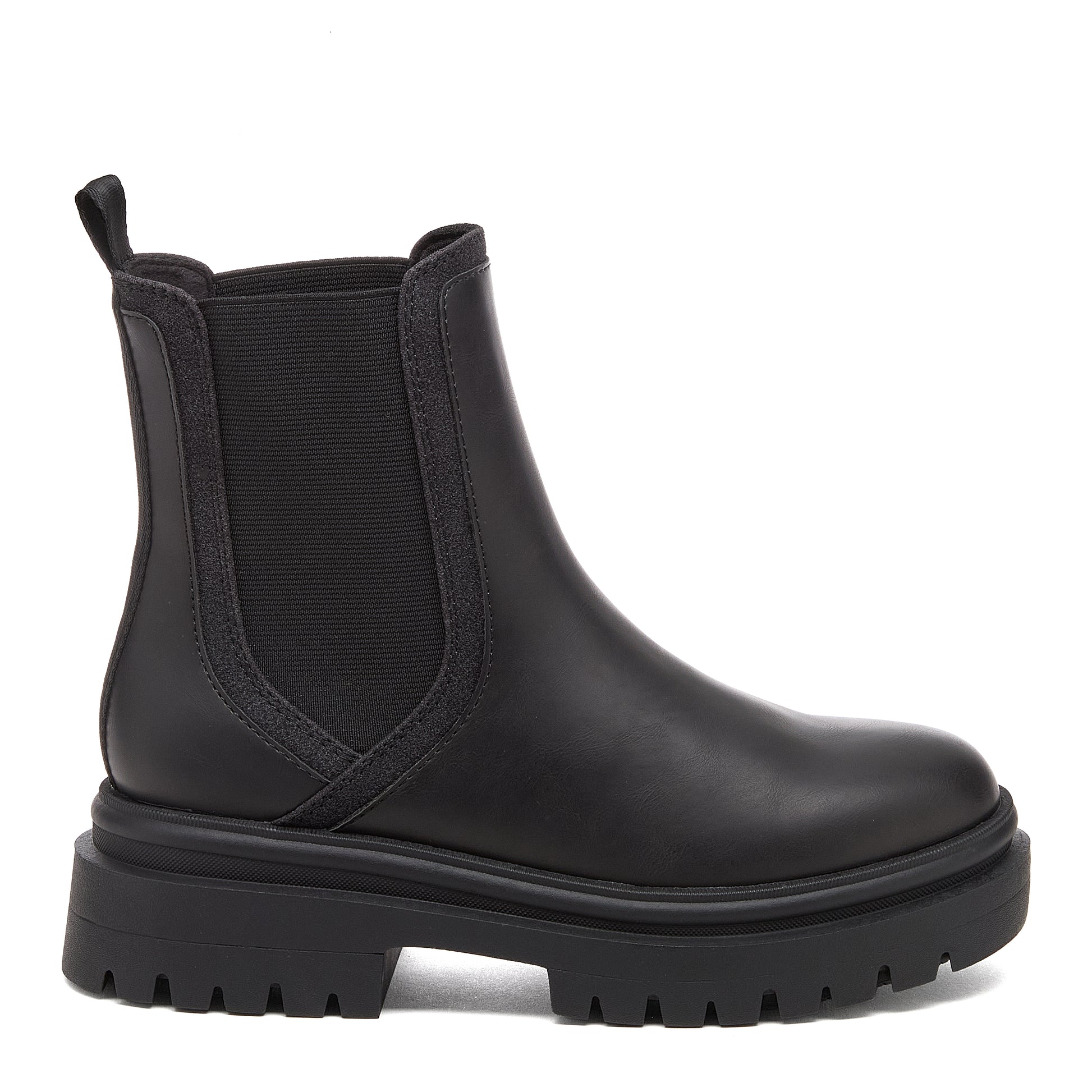 Drake Black Boots black boots outer side view showing Chelsea boot shape, side elastic panel, back pull tab and chunky treaded sole