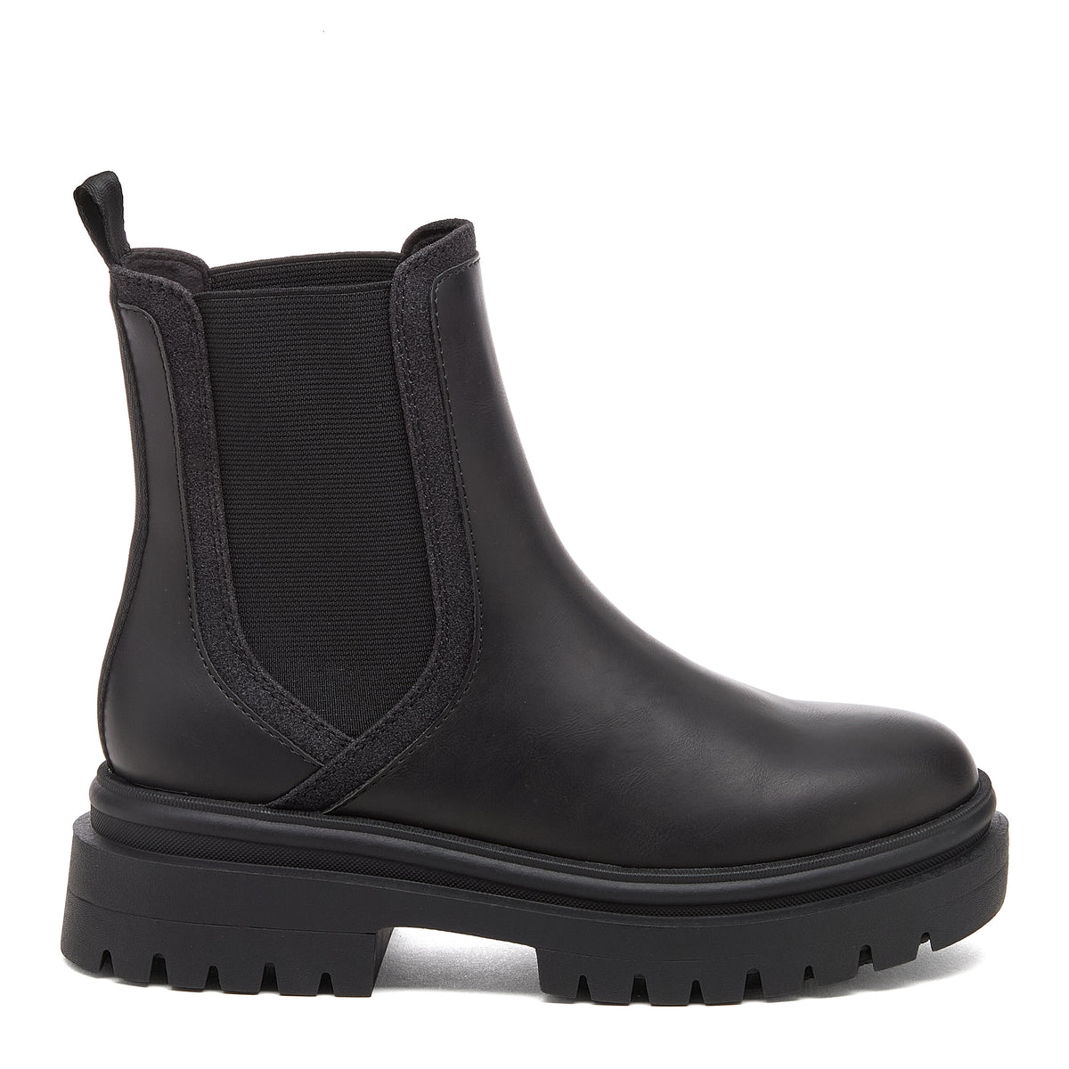 Drake Black Boots black boots outer side view showing Chelsea boot shape, side elastic panel, back pull tab and chunky treaded sole